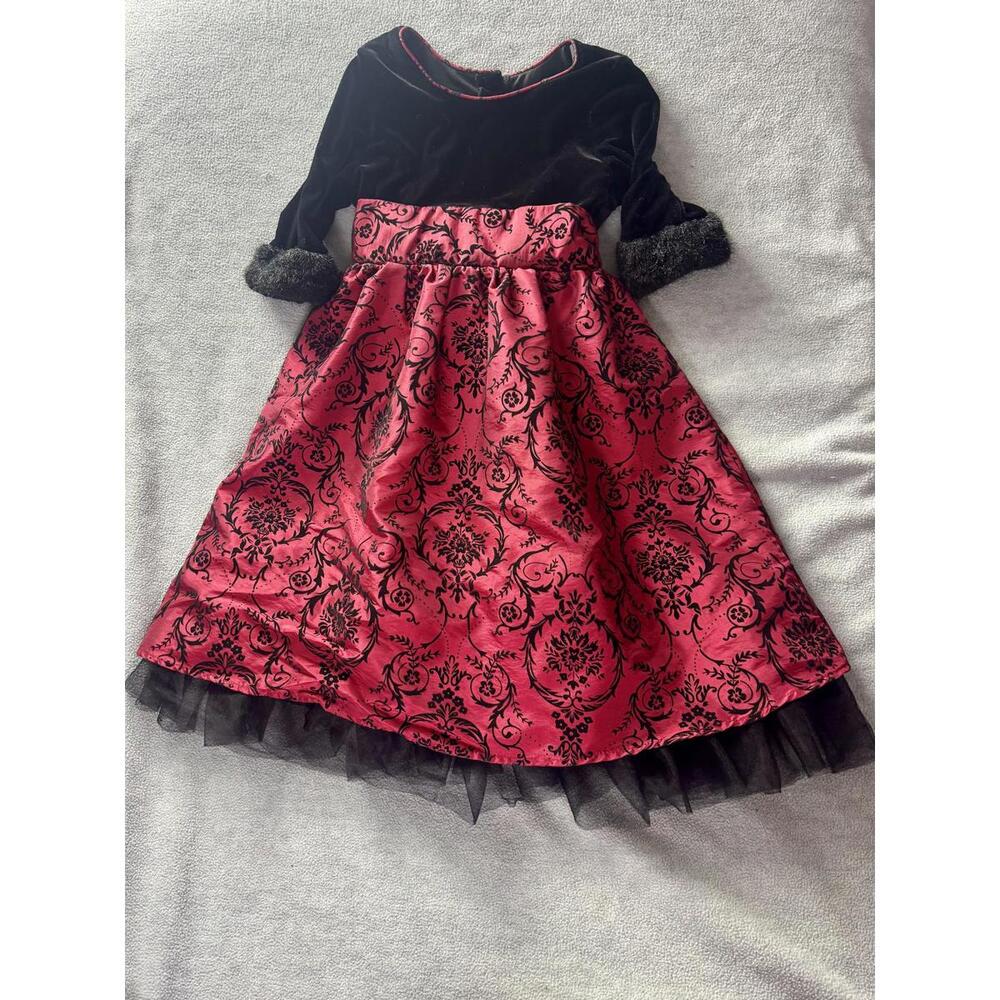 jona michelle girls holiday dress‎ red black velvet damask party 4-5T